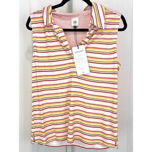 NWT CABI Tee Up Tee 6565 Sleeveless Striped Polo Collar Pink Multicolor Size M
